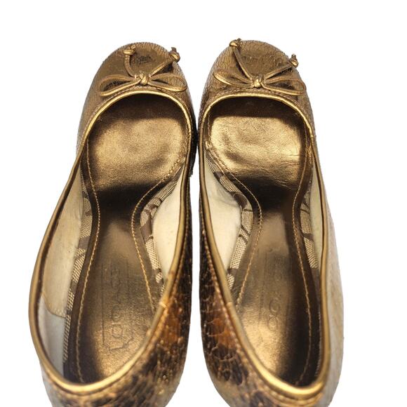 Coach Shoes Womens 6.5 Gold Metallic Crackled Bow Tie Wedge Espadrille Heels Y2k - Picture 8 of 13
